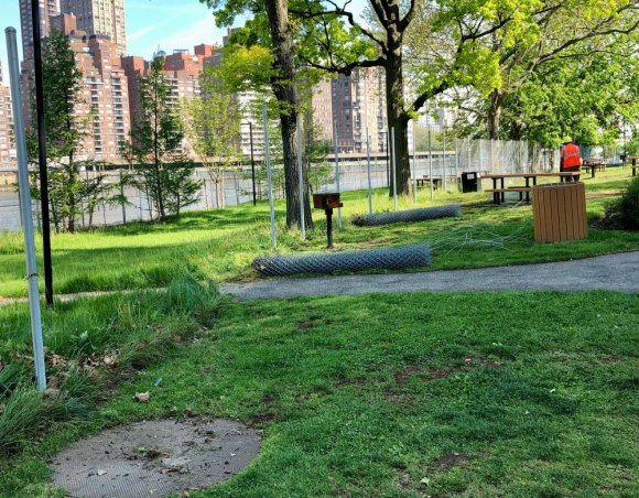 Promises Kept: DEP Dismantles Octagon Park Fence, Liberating Picnic Space Grill and picnic table freed along the grass-paved road.